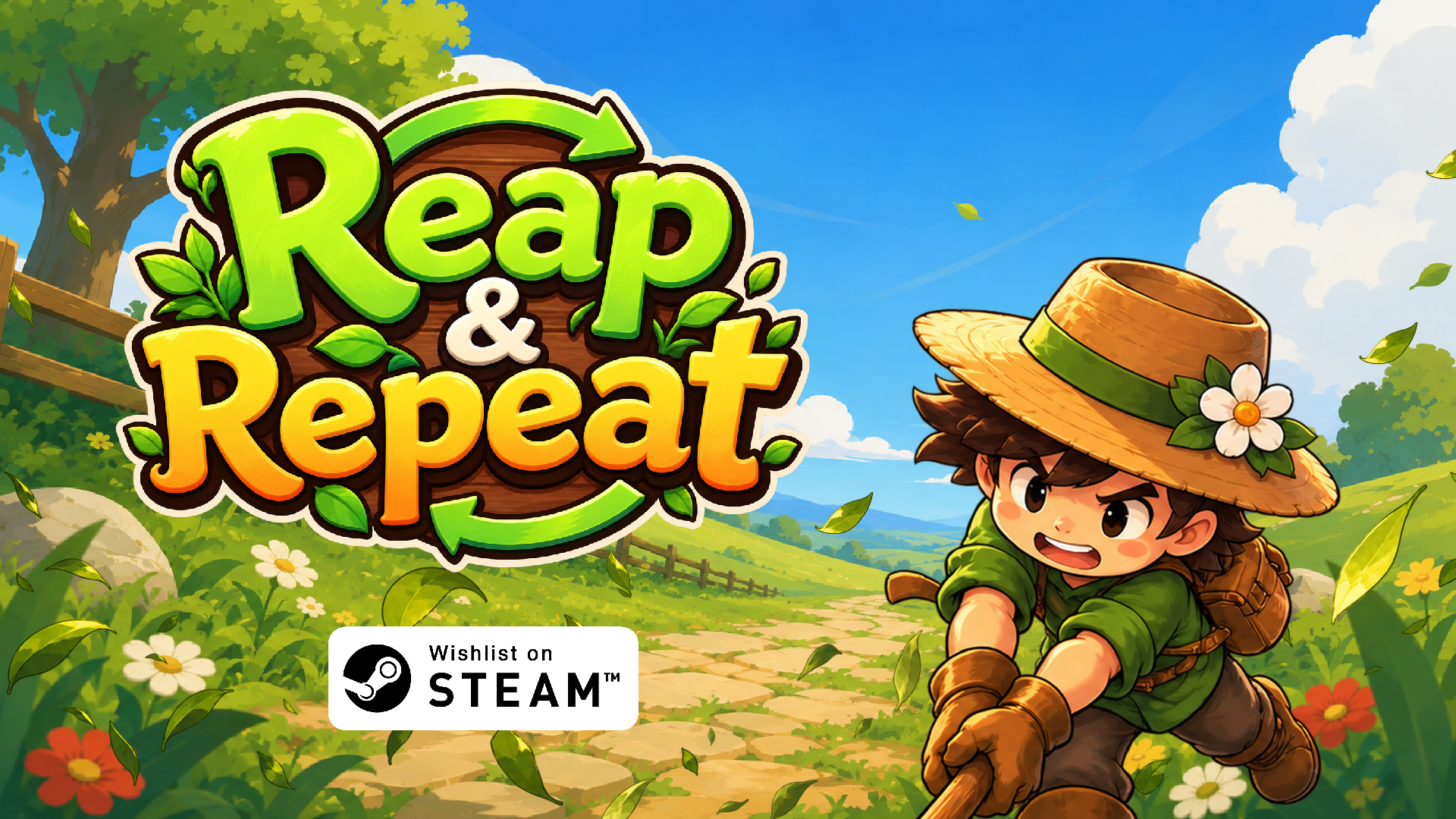 Reap & Repeat key art featuring the gardener swinging a scythe